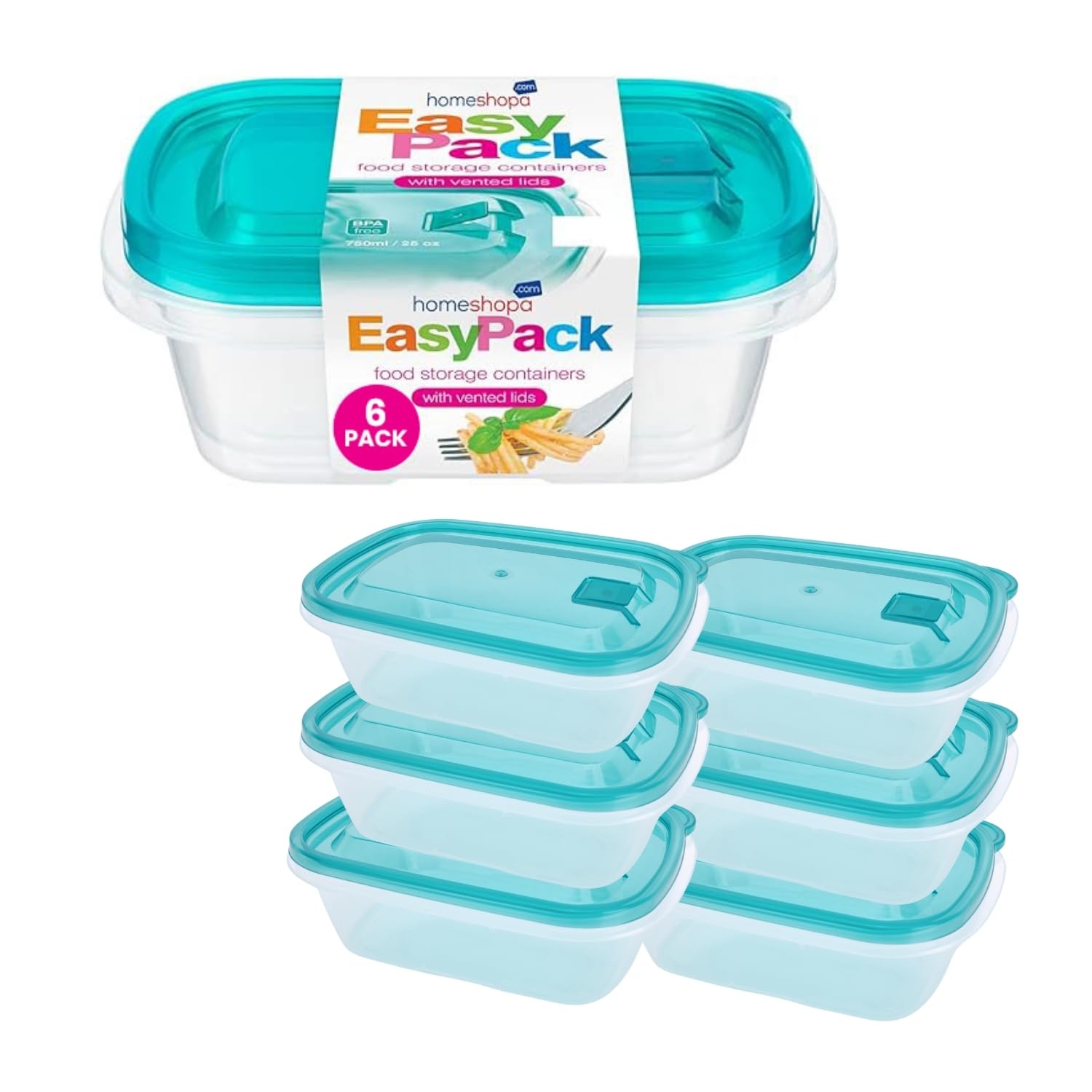 HOMESHOPA Plastic Food Storage Containers with Vented Lids, 6 Pack Leak Proof BPA Free Stackable, Microwave Freezer Dishwasher Safe, Reusable Airtight Meal Prep Lunch Boxes, 750Ml/25 Oz