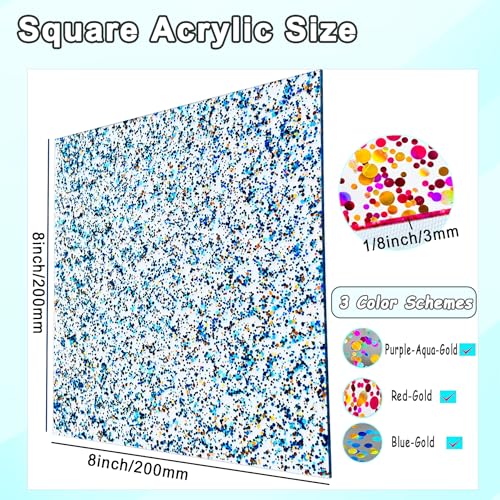Image of Confetti Dot Glitter Acrylic Sheets 8 inch x 8 inch Clear Sparkly Cast Acrylic Sheet 1 /8 Thick for Laser Cutting and Engraving CNC (3, Assorted, 8 inchx8 inch)