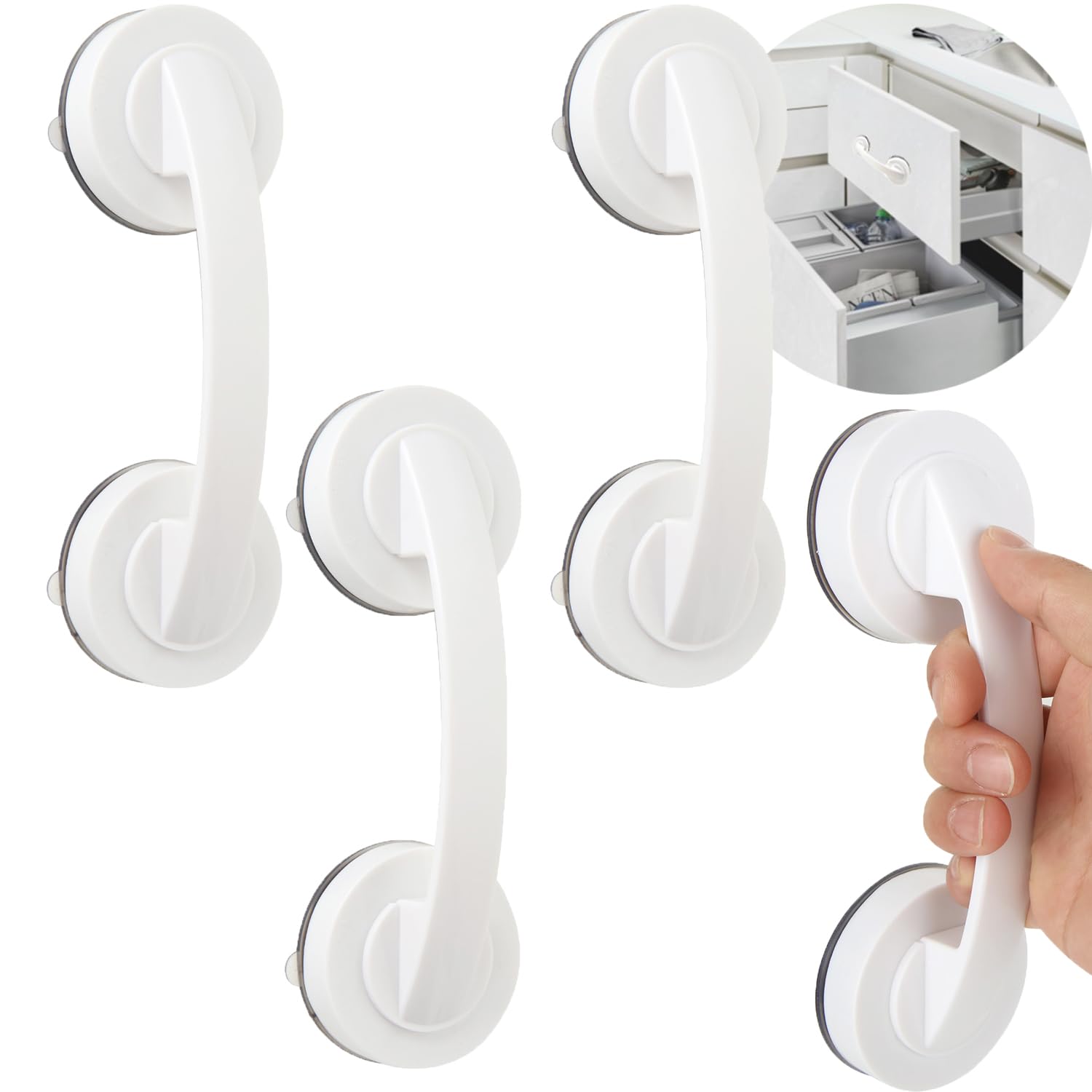 Piezas Barras de Agarre con Ventosa para Baño, Manijas de Agarre de Plástico de 19 cm para Ducha, Manijas de Agarre de Ducha Blancas Antideslizantes para Puerta de Ducha, Habitación, Ventana, Cajón