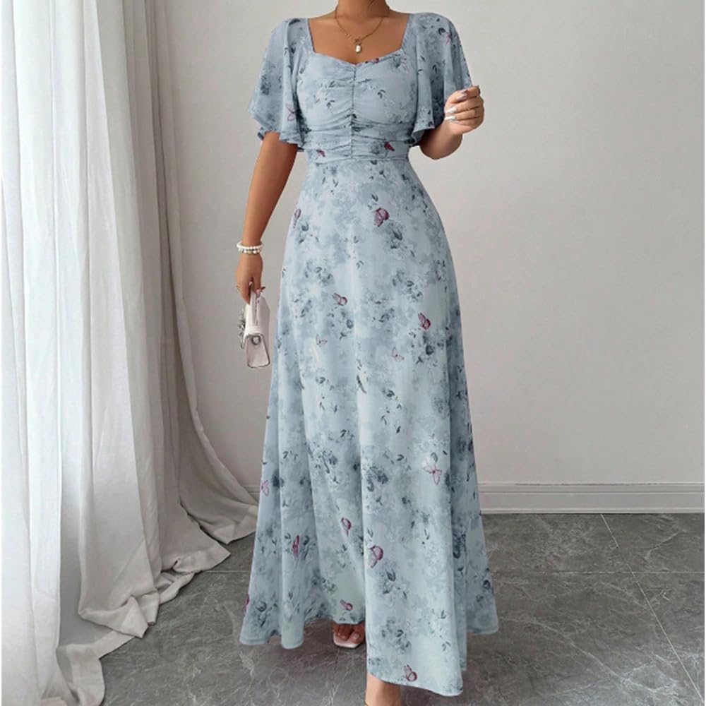 Womens Summer Casual Chiffon Puff Sleeve Floral Print Ruched Bust A Line Dress Boho Beach Maxi Flowy Dresses - Image 4
