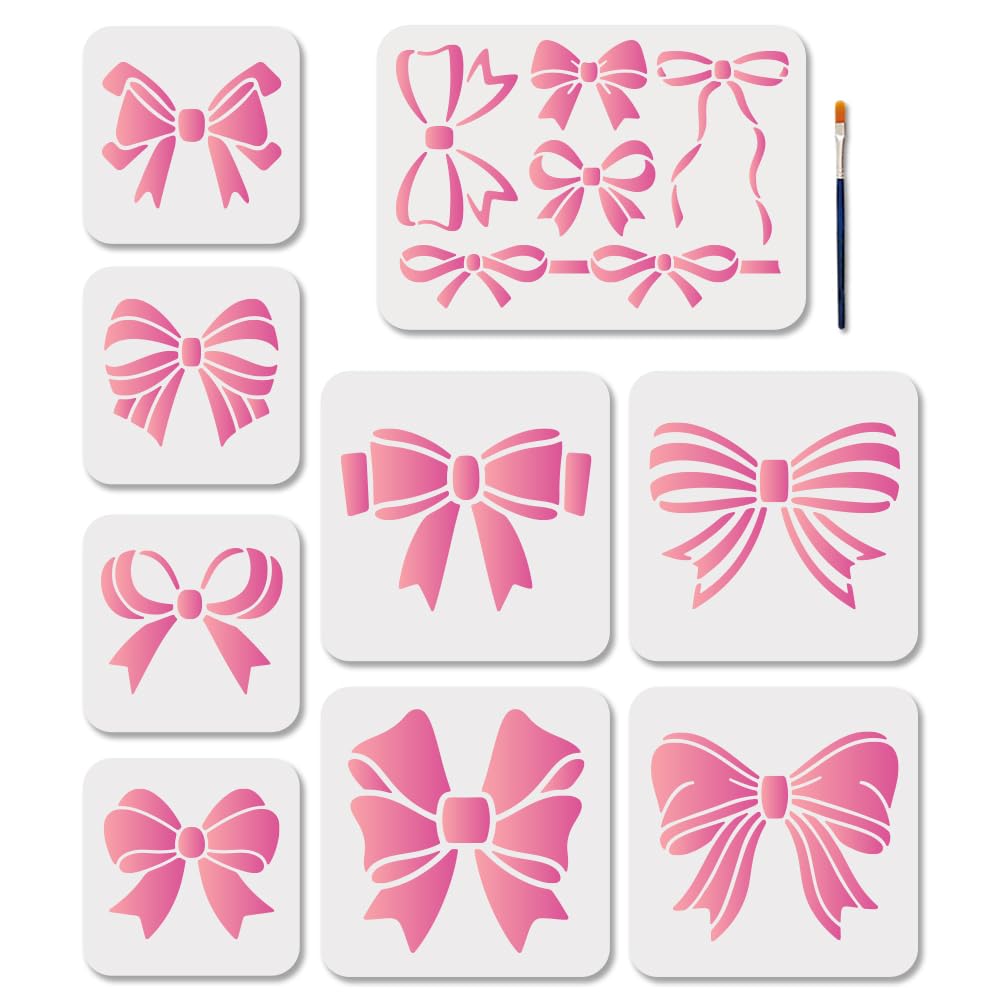 MAYJOYDIY 9 Pcs Coquette Bow Stencils Lace Ribbon Bow Painting Stencil 15~29.7cm Reusable Sweet Bows Drawing Template with Paint Brush for Craft on Window Wood Wall Home Decor