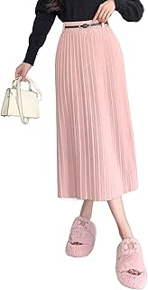 Falda de punto versátil para mujer, longitud media, elástica, cintura alta, color liso, midi para otoño e invierno, plisada, color rosa, talla única, Rosa., Talla única