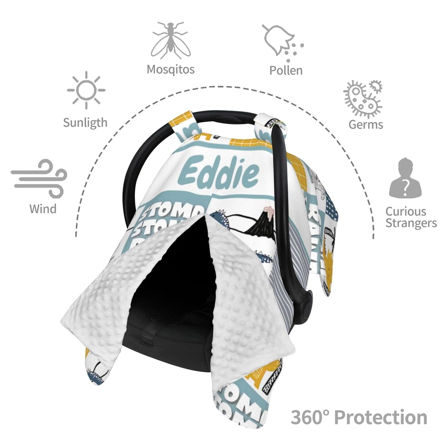 Personalized Baby Car Seat Canopy for Babies with Name, Custom Name Car Seat Covers for Boys Girls, Dinosaur Opening Minky Nursing Breastfeeding Stroller Cover Infant Carseat Canopies for Newborn
