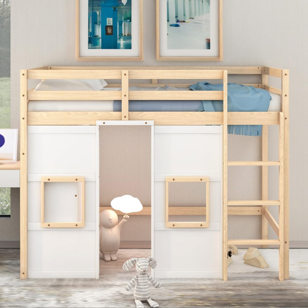 Okak Twin Size Loft Bed Multifunctional Full Bed Frame with Built-in Storage Wardrobe and 2 Windows Loft Bunk Bed with Ladder and Safety Guardrail,Strong Wood Slats Support,Natural