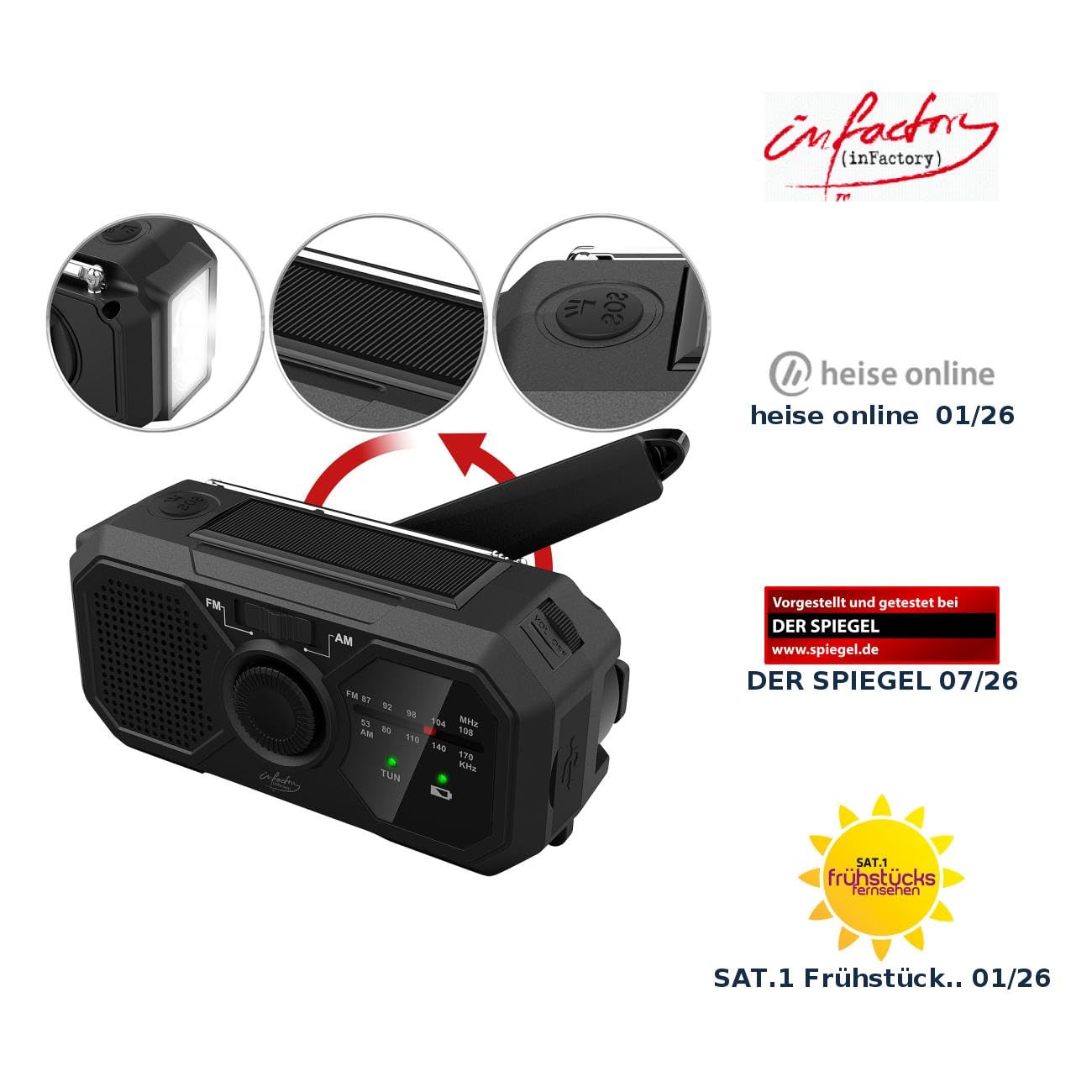 Radio de poche solaire & dynamo SOL-1540 avec lampe et chargeur USB [infactory]