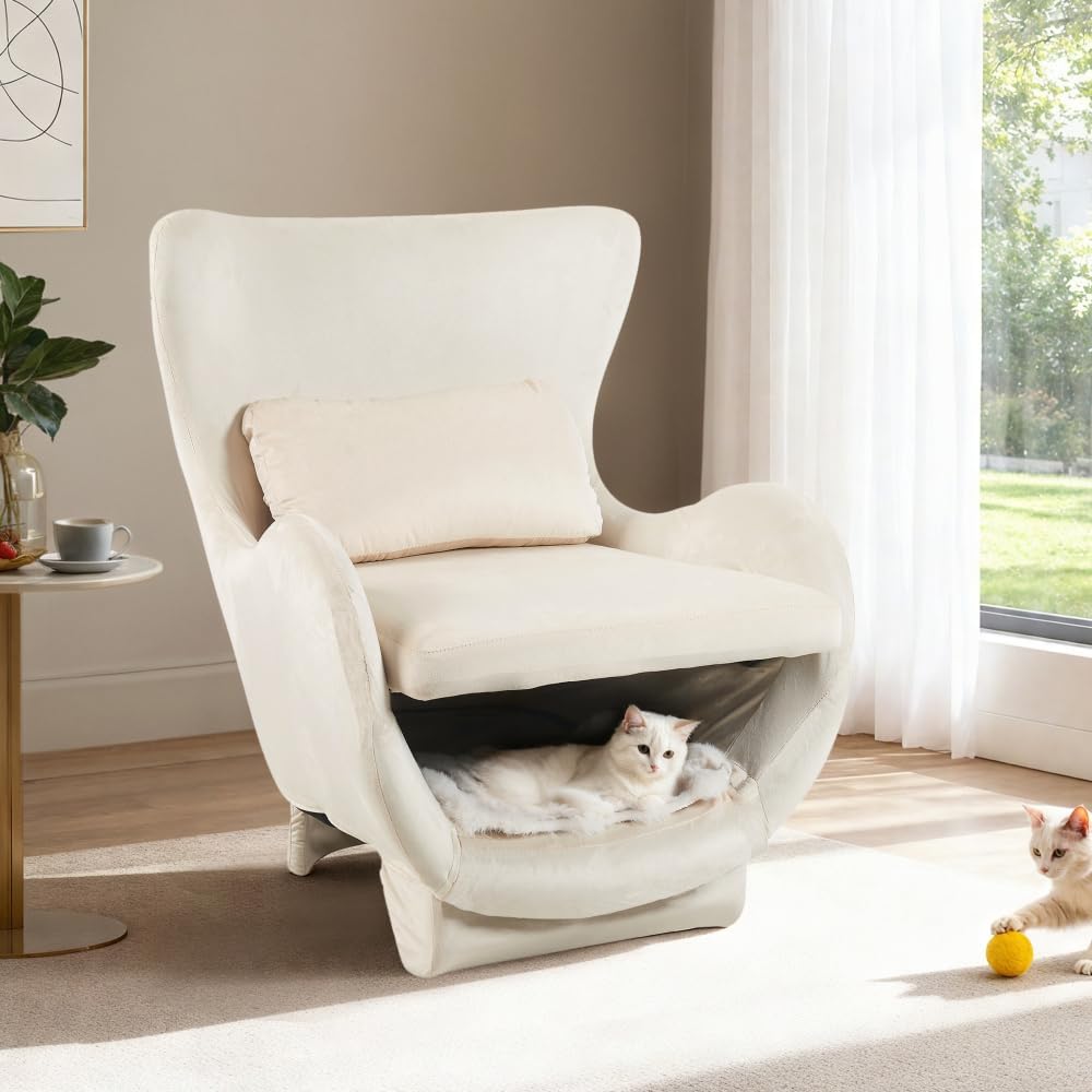 2-in-1 Modern Pet Owner Velvet Wingback Accent Chair with Built-in Cat Bed Nook, Suitable for Living Room or Bedroom, Available in White or Orange Velvet (White)