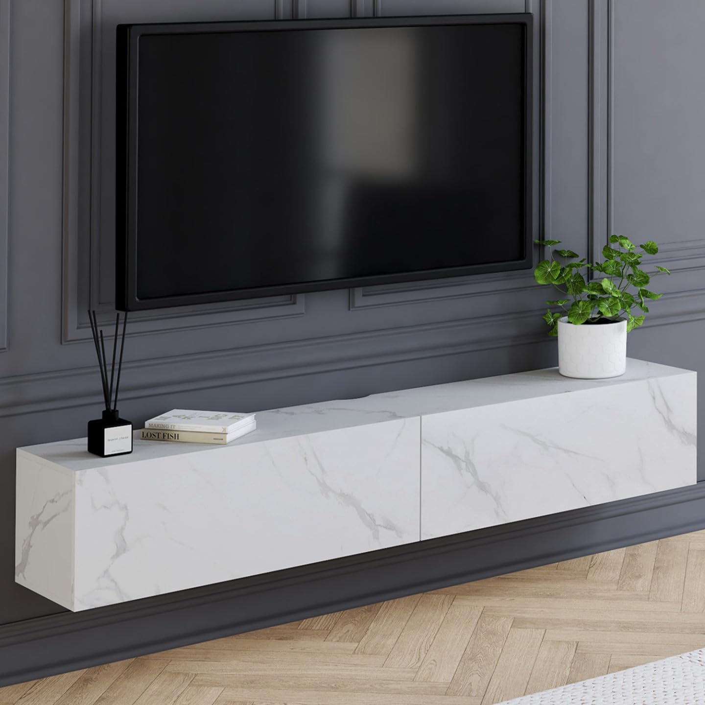 IDMarket Elio - Mueble para TV (180 cm, 2 puertas, madera, efecto mármol)
