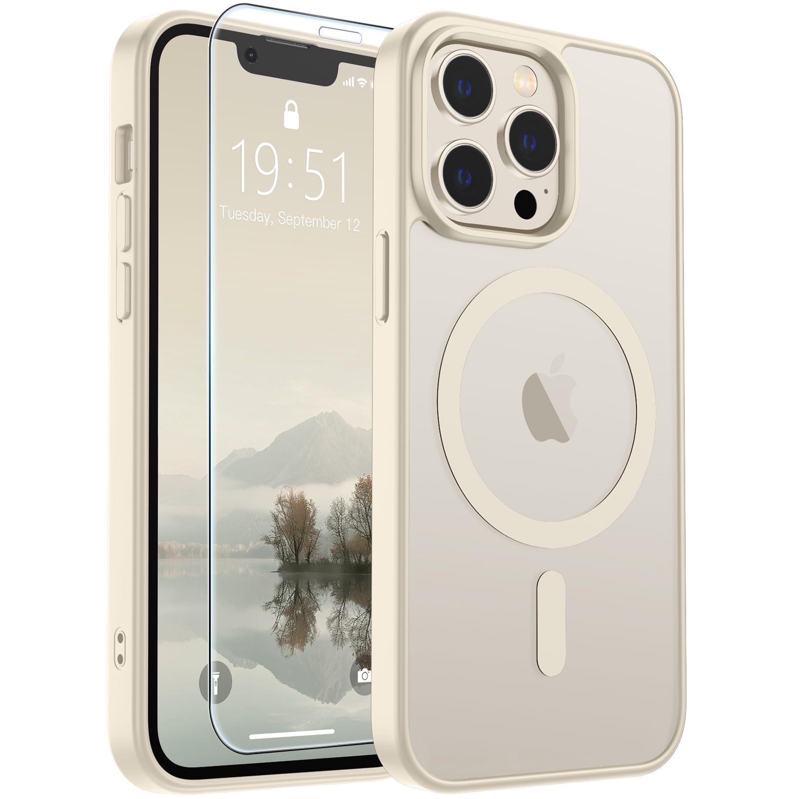 SUPFINE Magnetic for iPhone 12 Pro Max Case Antique White | With Screen Protector, Translucent Matte, Compatible with MagSafe, Military Grade Drop Proof, Rugged Shockproof Protective