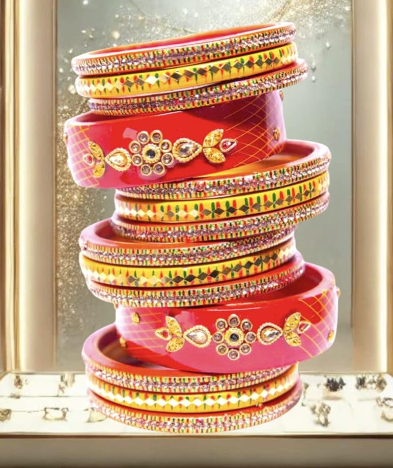 Image of Swara Creations Lah /Lac bangles red and yellow color Set, LAHTHI Churi zircon work for Women and Girls(14pcs)