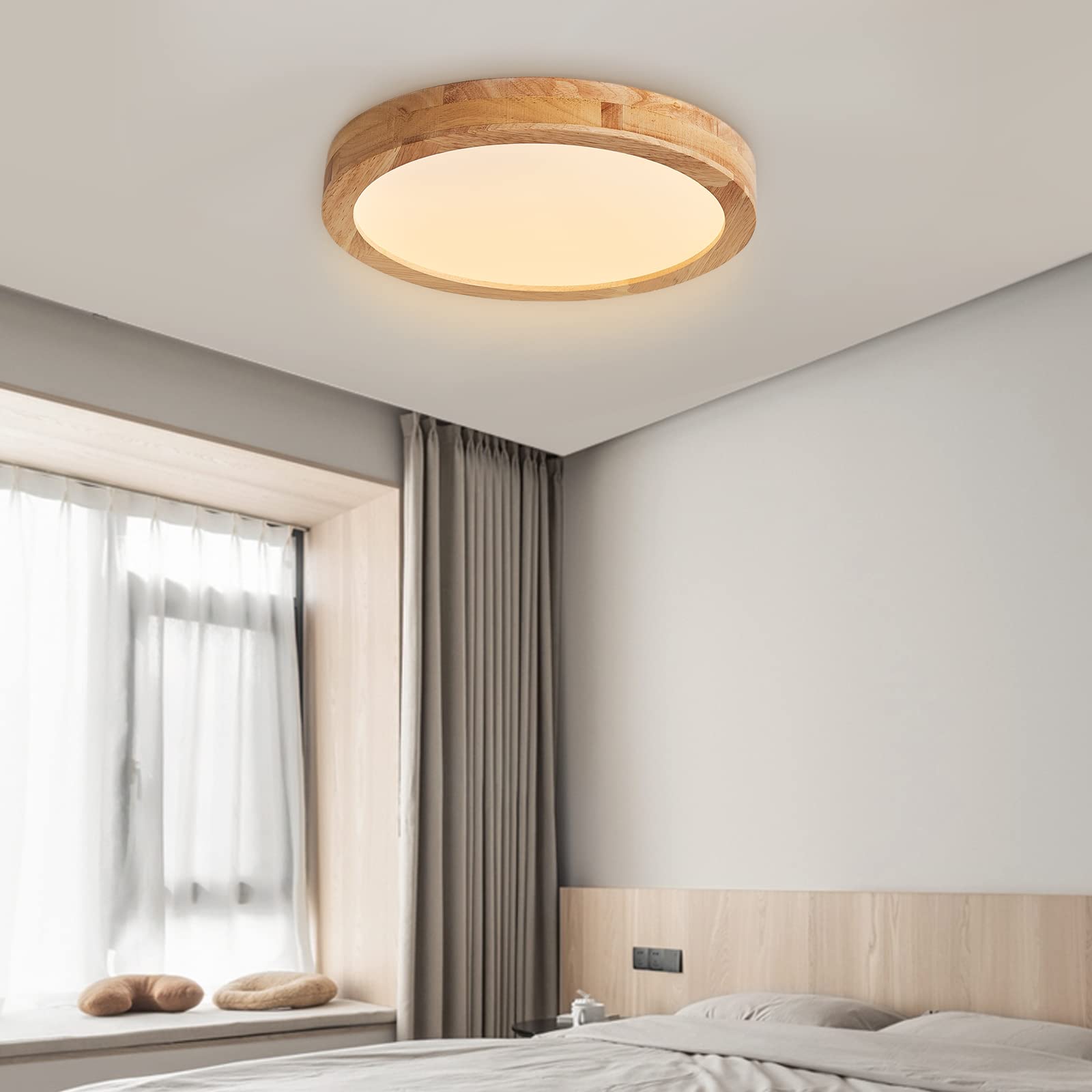 Plafonnier LED en bois, 30CM Rond Plafonnier LED Salon 20W 3000K Blanc Chaud Plafonnier bois Rond Lampe led plafond pour chambre/bureau/cuisine/d'enfant/couloir/balcon