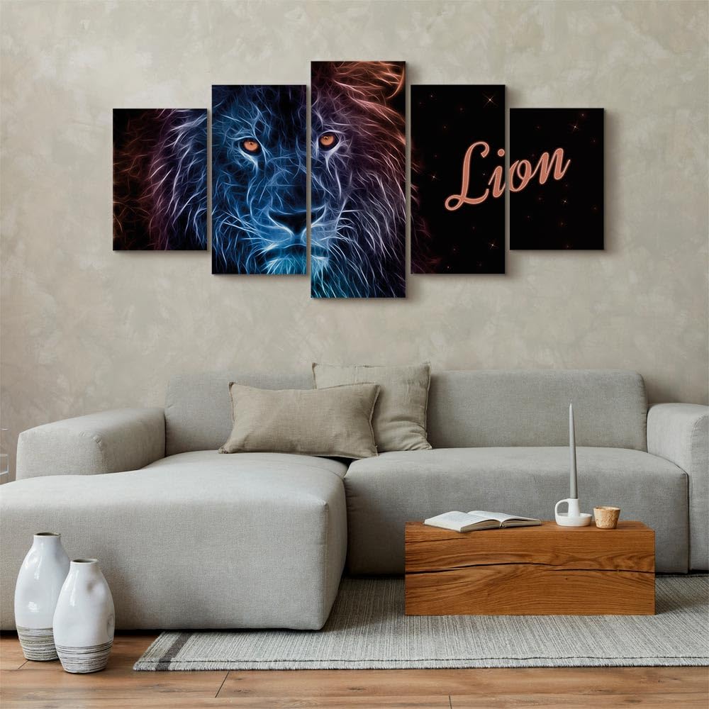 Cuadros B&D XXL - Cuadro en Lienzo Animales 150x75 cm 5 piezas - Impresión en material tejido no tejido cuadros decoracion salon modernos lienzos - Fuego Leon Africa g-A-0094-b-p