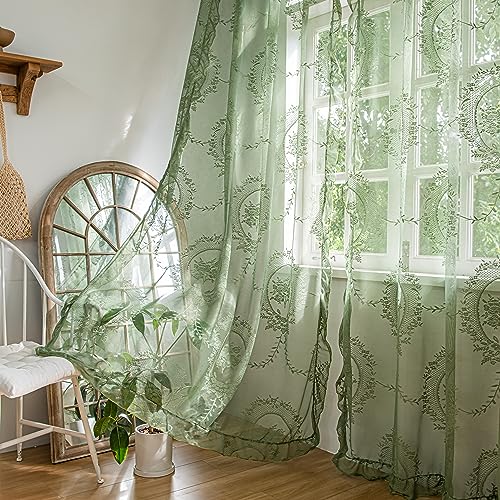 Sutuo Home Olive Green Lace Curtains 84 Inches Long 2 Set, Sheer Panels Rose Floral Embroidery Ruffled Vintage Window Treatment Pair for Nursery Bedroom Living Room, Rod Pocket, W57 x L84