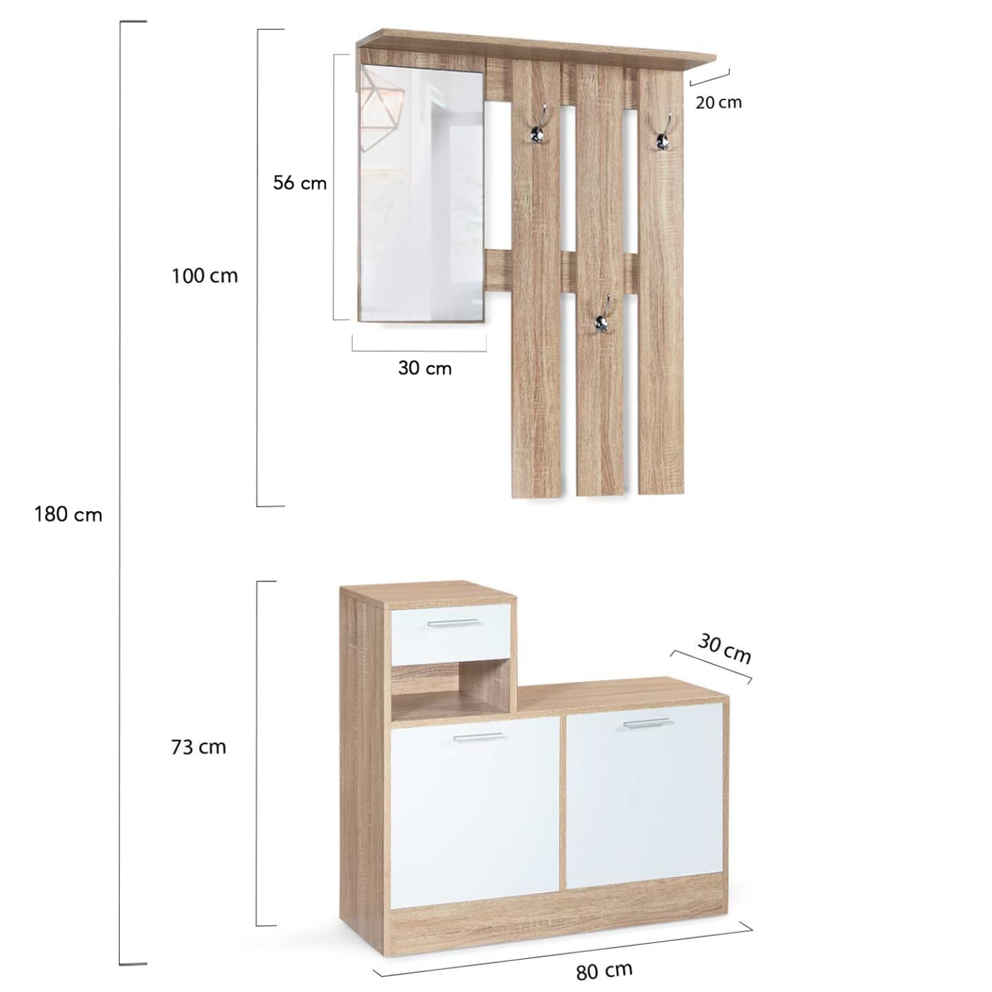 IDMarket - Mueble para entrada con espejo diseño Paulin, madera de haya, puertas blancas
