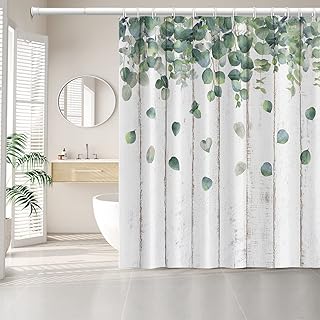 Eucalyptus Leaves Shower Curtain for Bathroom Tropical Green Leaf Botanical on Rustic Wood Farmhouse Minimalist Fabric Waterproof Shower Curtain with 12 Hooks, 69x70 Inch