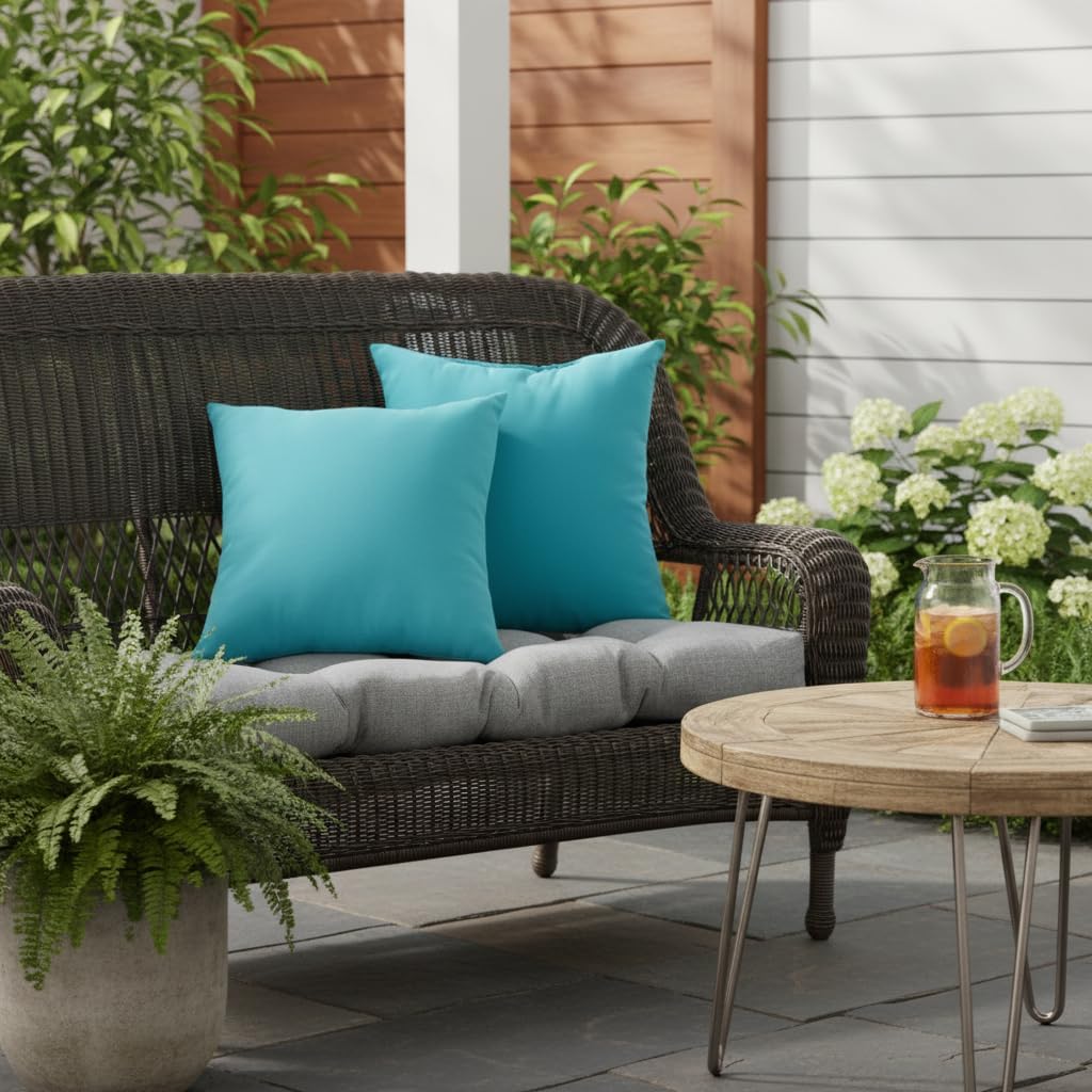 Set of 2 Outdoor Throw Pillows 17 x 17 Inch – Reversible Square Patio Accent Pillows – Weather-Resistant Polyester Fabric – Eco-Friendly Recycled Polyfiber Fill, Teal