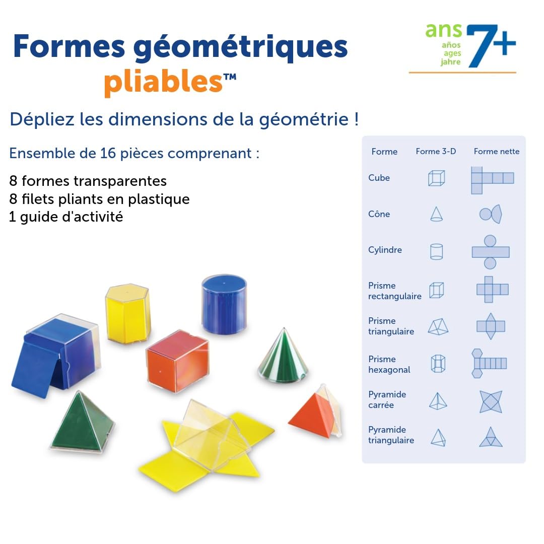 Learning Resources – Formes Géométriques Pliables – 16 Solides 3D Transparente avec Bases Amovibles – Jouet Éducatif STEM pour Enfants et Classes
