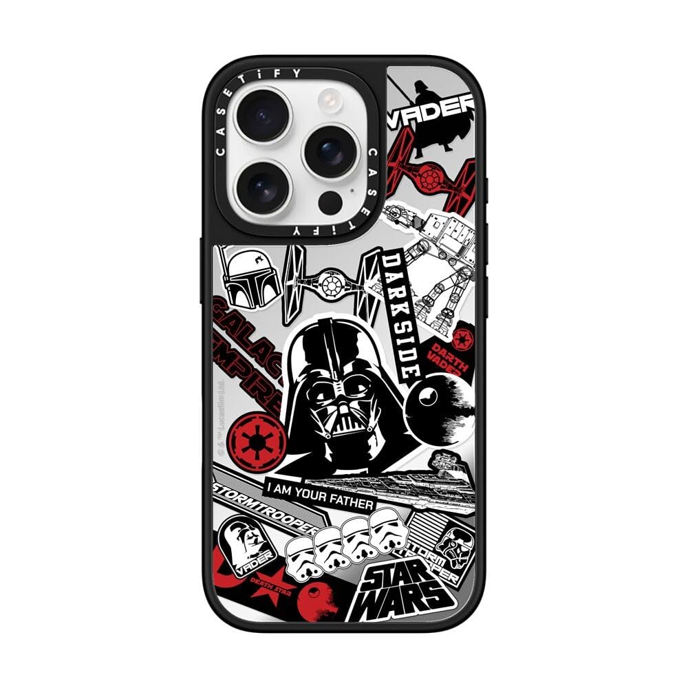 CASETiFY Mirror iPhone 16 Pro Case [Star Wars Co-Lab / 4.9ft Drop Protection/Magsafe] - Power of The Dark Side - Sticker - Silver on Black