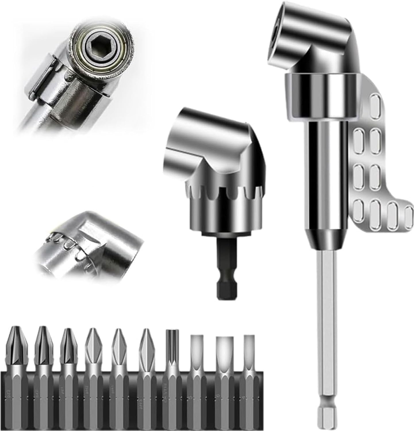 Silver 105° Angle Drill Adapter - 2026 Upgrade Angle Attachment with Extension Bits, 1/4 Inch Hex Shank, Angle Extension for Drill & Screwdriver (Long + Short)