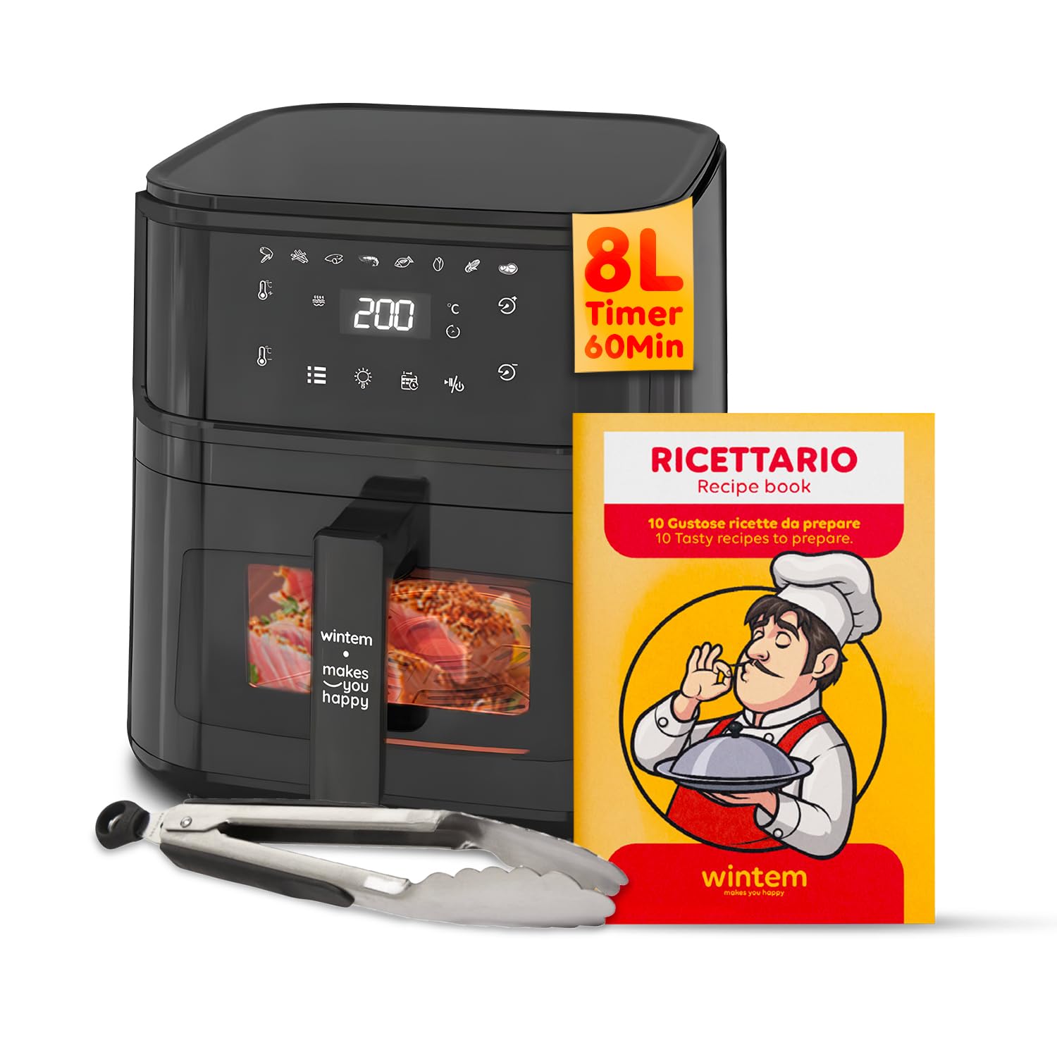 Avilia Friggitrice ad Aria Digitale 8L, 1500W, Pannello di Controllo Digitale, Timer e Temperatura Regolabili, Cestello e Griglia Lavabili in Lavastoviglie, 8 Funzioni e Ricettario e Pinza Incluso
