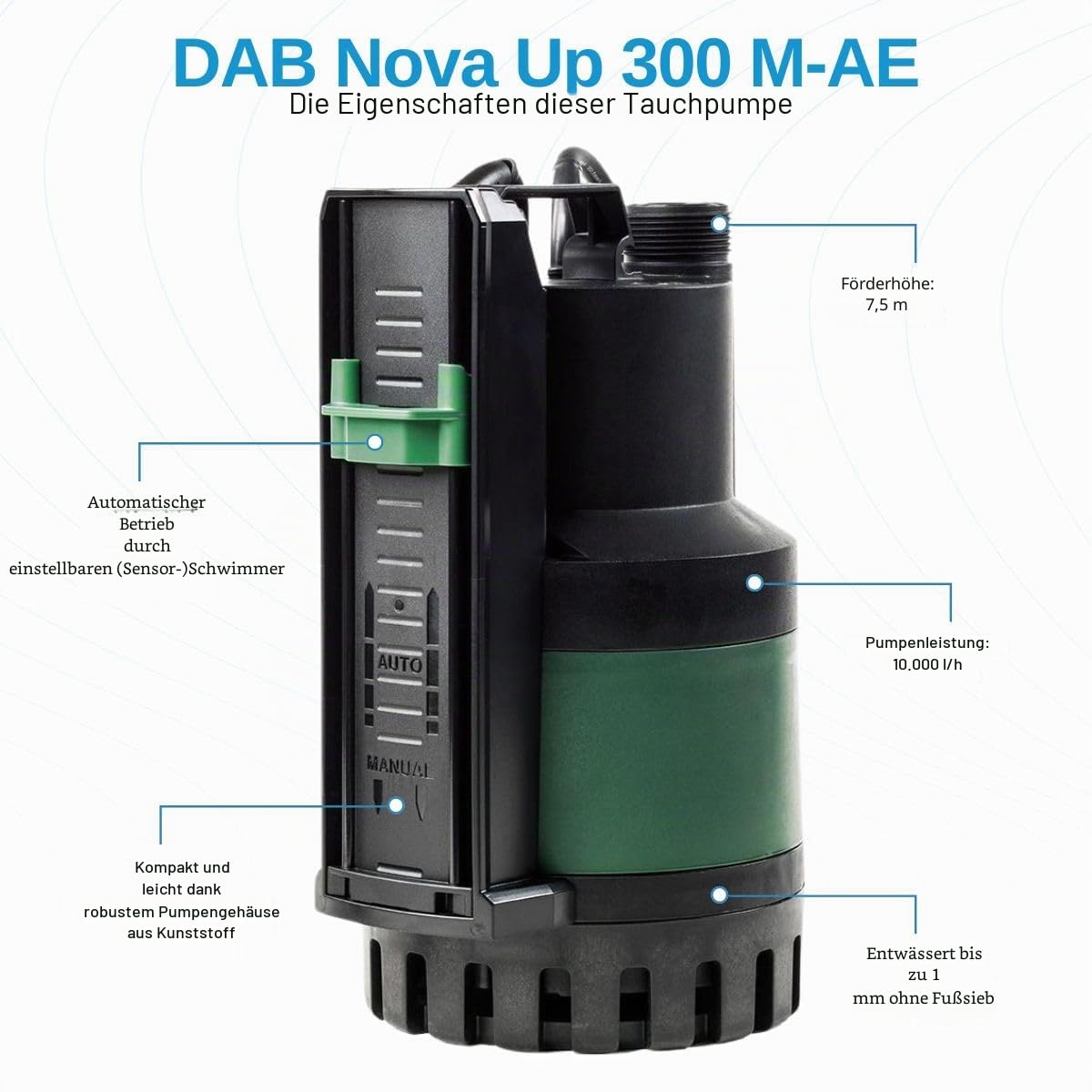 DAB Nova Up 300 M-AE Flachsauger-Tauchpumpe - 10.000 L/Std. - 380W - Förderhöhe 7,5 m - Korngröße 10 mm - Mit Sensor - Tauchpumpe