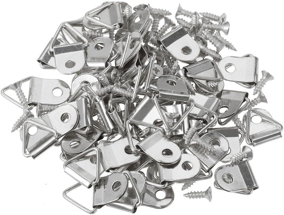 50PCS Iron Picture Frame Hangers, Triangular D Ring Wall Hook for Photos, Heavy Duty Hanging Hardware for Wooden Frames, Cross Stitch, Exhibition Display, Black and Silver Small Fasteners(Silver)