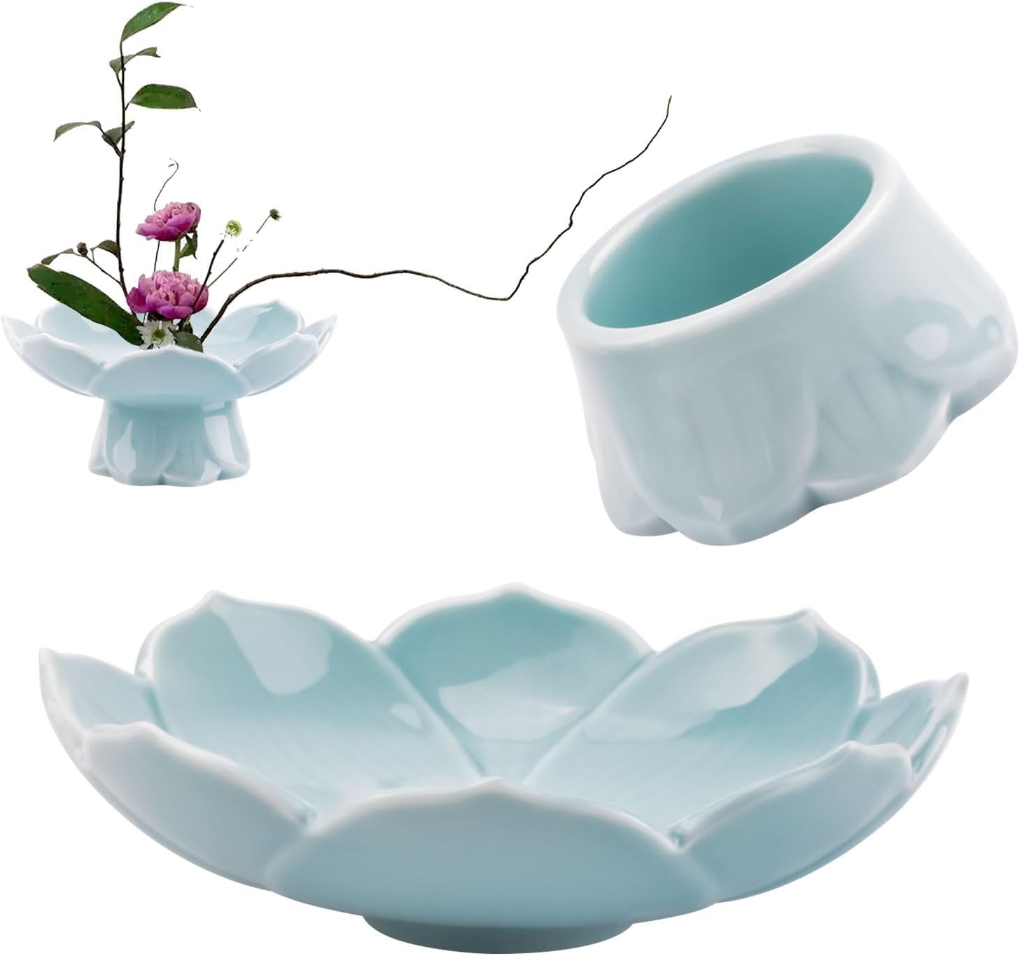 WANDIC Light Cyan Flower Arrangement Supplies, Lotus Shaped Floral Holder with Tall Feet for Ikebana Floral Vase for Floristry Dish Tray Decoration