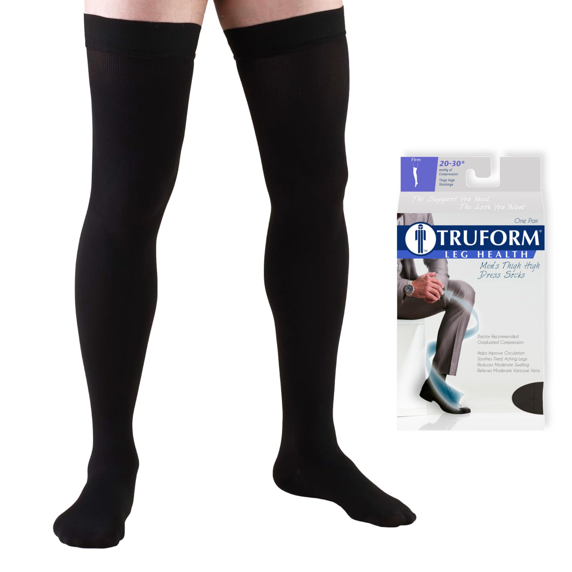 Men's Compression Socks, 20-30 mmHg Thigh Length, Dress Style Over Knee Full Hight