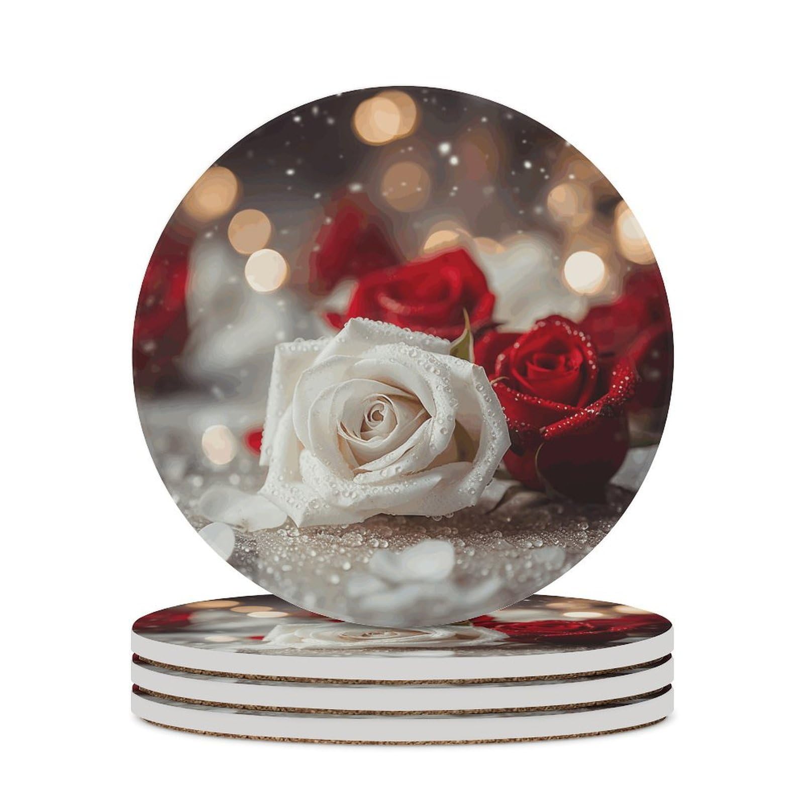 Roses in Background Coasters for Drinks Absorbing Round Ceramic Stone Coaster with Cork Base Coffee Cup Beverage Table Cup Mat Modern Style Bar Coaster Set for Home Decor