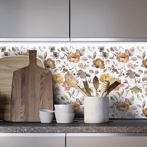 Miniatura 4 de Papel tapiz impermeable extraíble con diseño floral vintage para despegar y pegar, papel adhesivo marrón de vinilo de mariposa, papel de pared