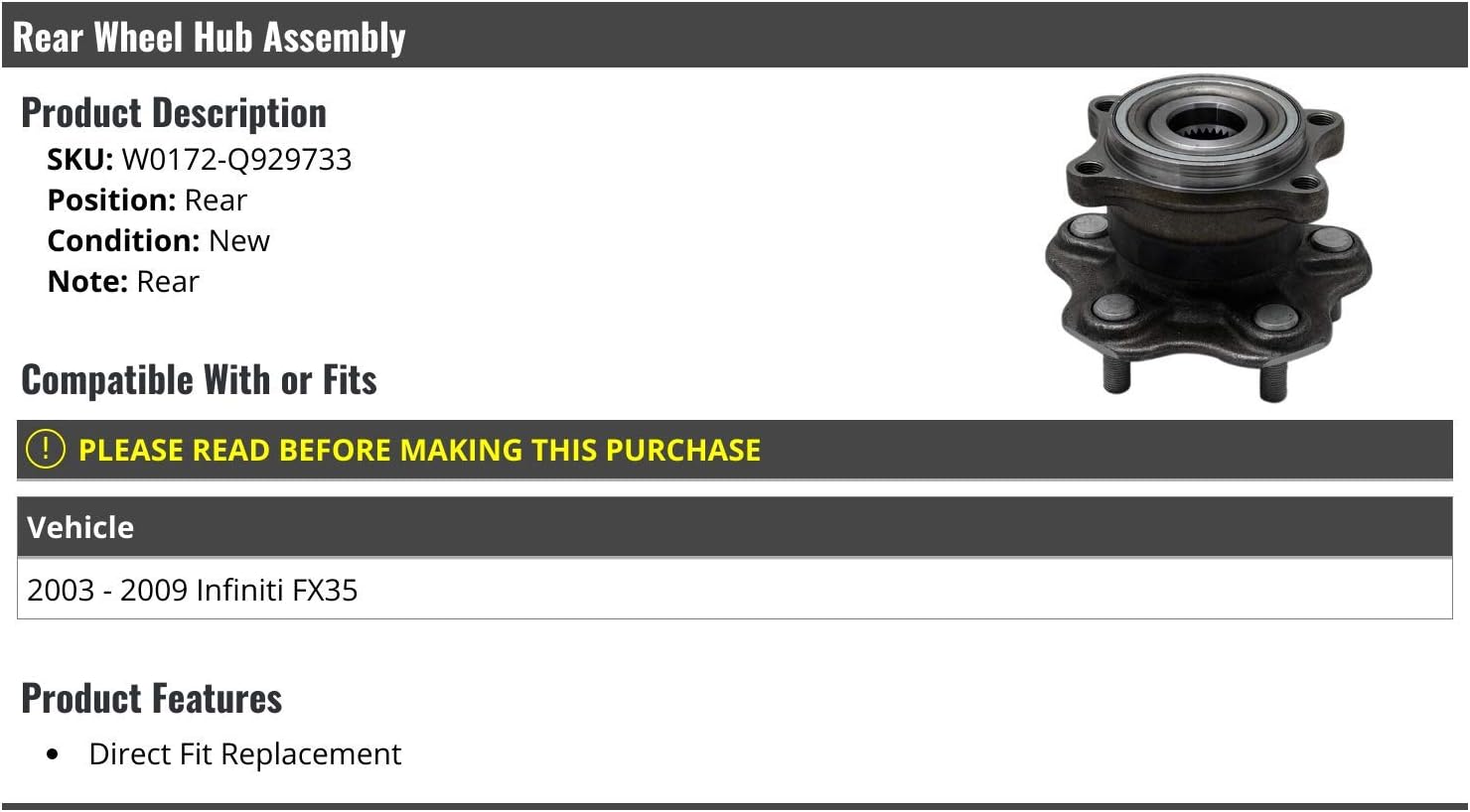 Marketplace Auto Parts Rear Wheel Hub Bearing Assembly - Compatible with 2003-2009 Infiniti FX35