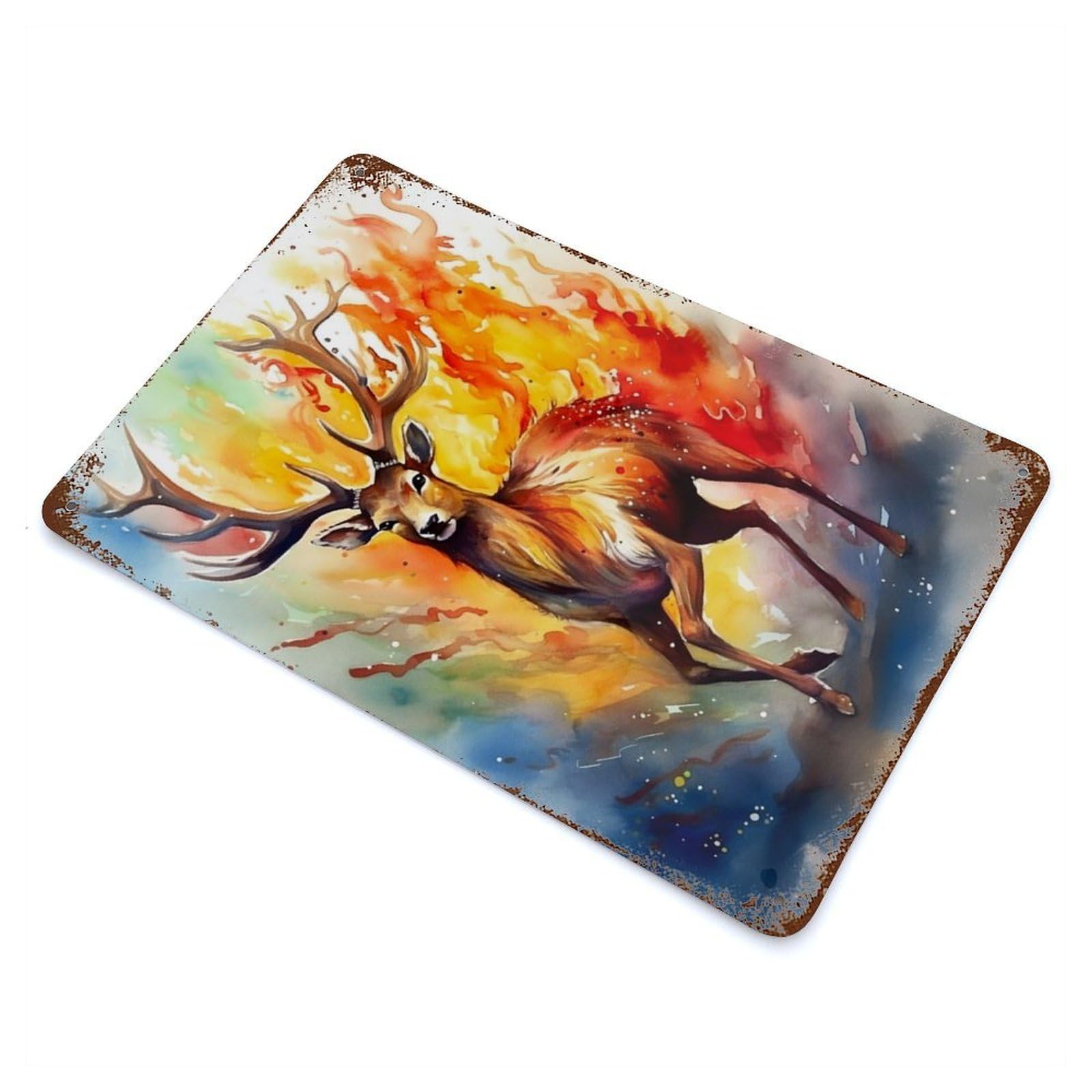Retro Metal Sign with Deer Fire Watercolors Design 11.8"x7.9", for Living Room, Hallway And Home Decor, Farmhouse Wall Decor