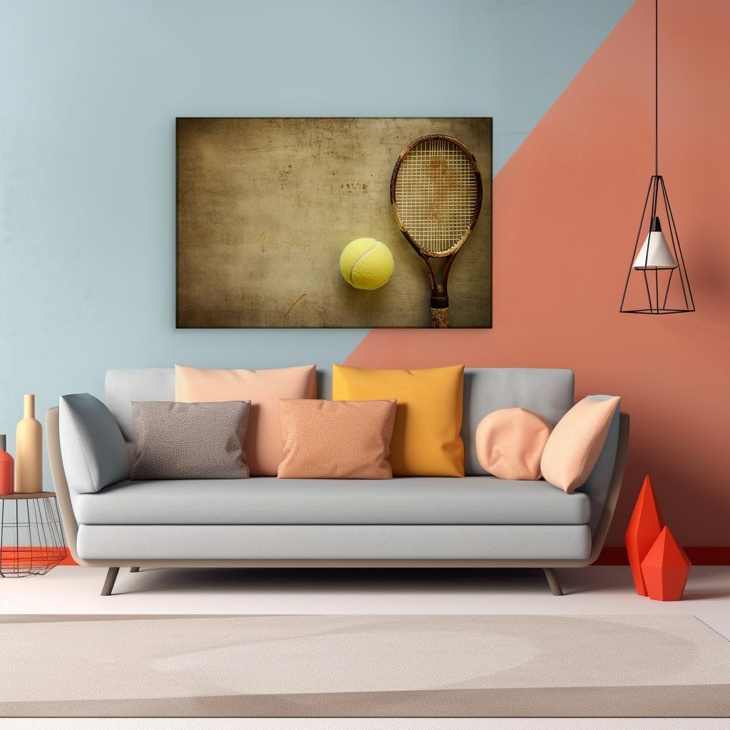 Canvas for Living room. Reviving the Game: A Nostalgic Still Life with a Vintage Tennis Racket and Ball, 27 x 18 inch Canvas Wall Art - Contemporary Masterpieces - Retro Home Decor
