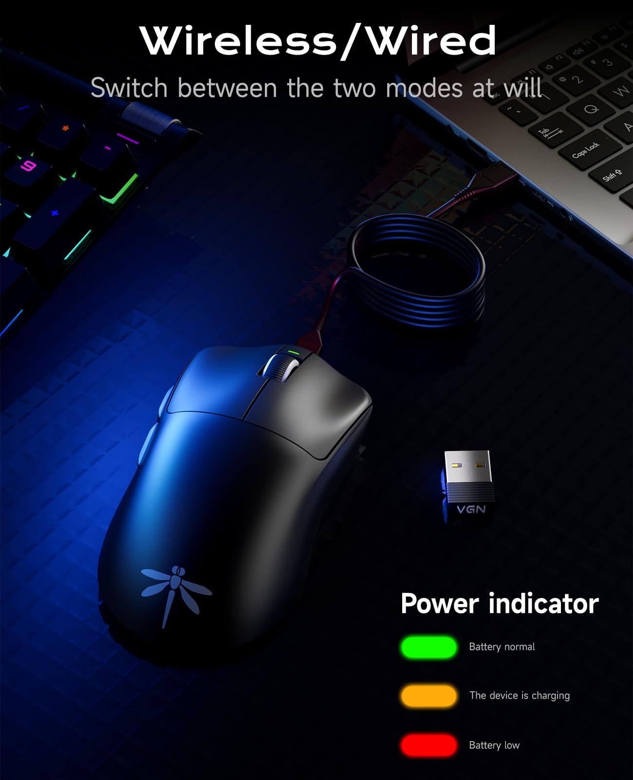 VGN F1 Pro Max Lightspeed Souris de jeu sans fil avec double mode 2,4 G/Type-C filaire - Capteur 26 K - 26 000 DPI - 55 g - Légère - 6 boutons programmables - Jusqu'à 200 h d'autonomie de la batterie