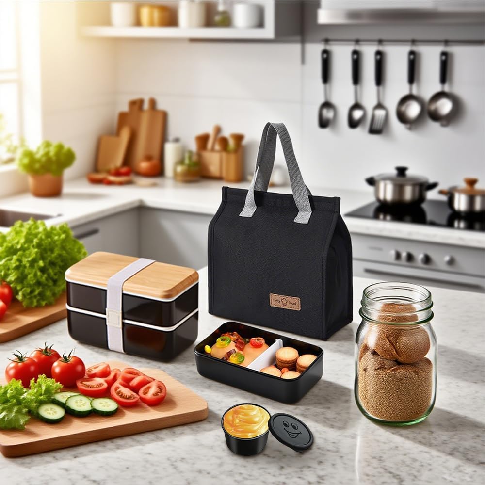 Porta Pranzo Set, 1400 ml Lunch Box con Borsa Termica e Posate, Schiscetta Portapranzo Ermetico per Microonde e Lavastoviglie, Bento Box per Lavoro Picnic Ufficio (Nero)