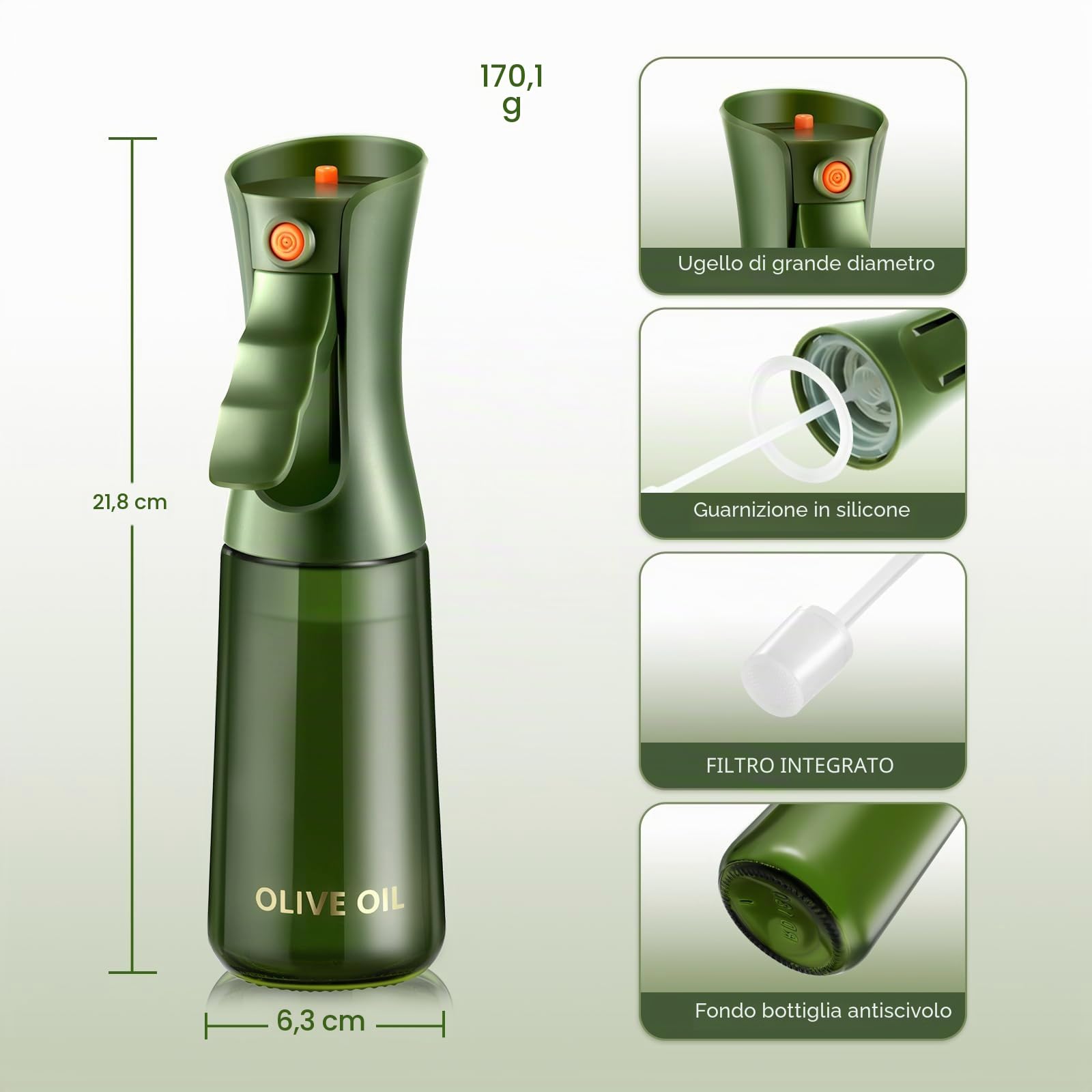 Spray per Olio in Vetro per Friggitrice ad Aria e Cucina, Vaporizzatore d’Olio con Controllo delle Porzioni per Airfryer, Cucinare e Cuocere al Forno – Verde oliva, 225 ml