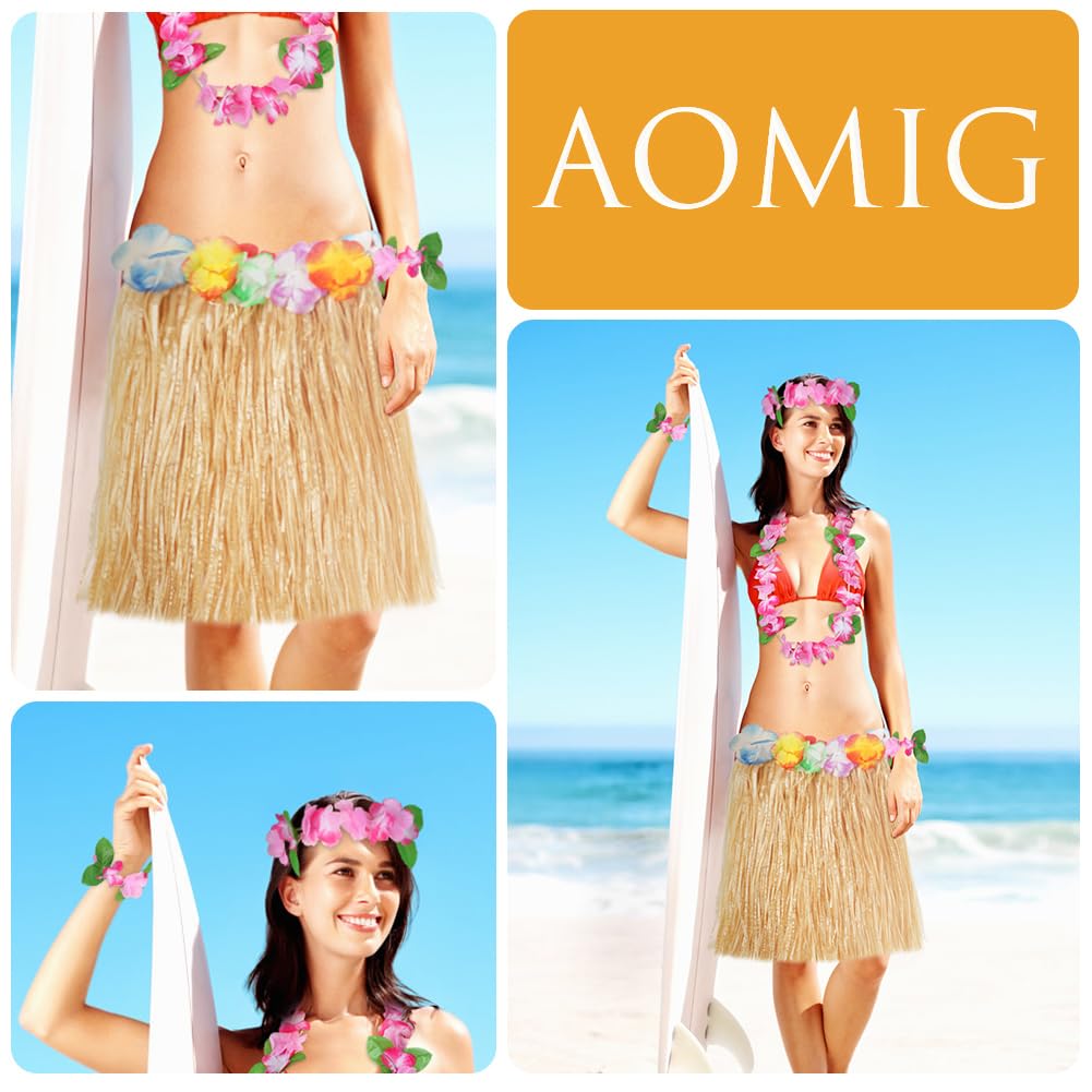 Aomig Jupe Hula à Feuilles, 5 Pièces Jupe Hawaïenne en Herbe avec Collier/Fleurs d'hibiscus Artificielles/Lunettes de Soleil, Jupe Hawaiian en Feuilles de Palmier pour Plage Fête Hawaïenne Luau Tiki