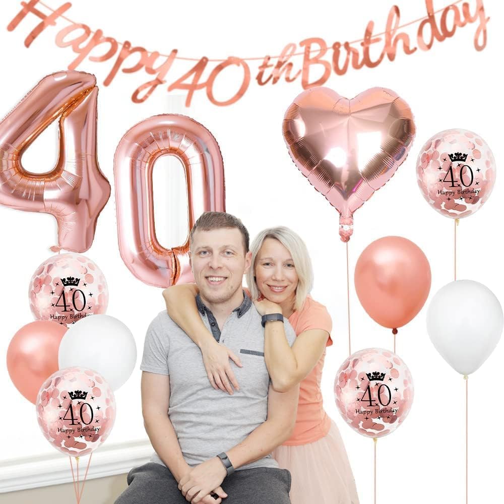 40th Birthday Decorations for Women Rose Gold, Happy 40th Birthday Banner, 40 Number Balloon, Heart Balloons, Round Latex Balloons, Cake Topper, Rose Gold 40 Party Decorations Supplies Set for Women - Image 3