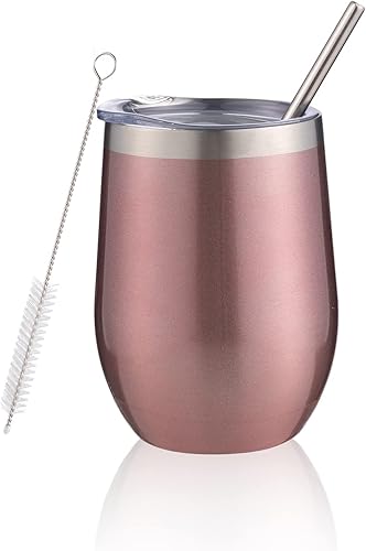 Vaso de vino aislado de 12 onzas con tapa y pajilla vaso de vino de acero inoxidable sin tallo de doble pared vaso de vino al vacío para café