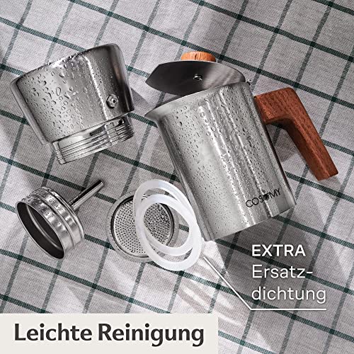Foto von Cosumy Espressokocher Induktion für alle Herdarten geeignet - Mokkakanne Edelstahl 6 Tassen und FSC Eichenholz - Extra Silikondichtung - 300ml