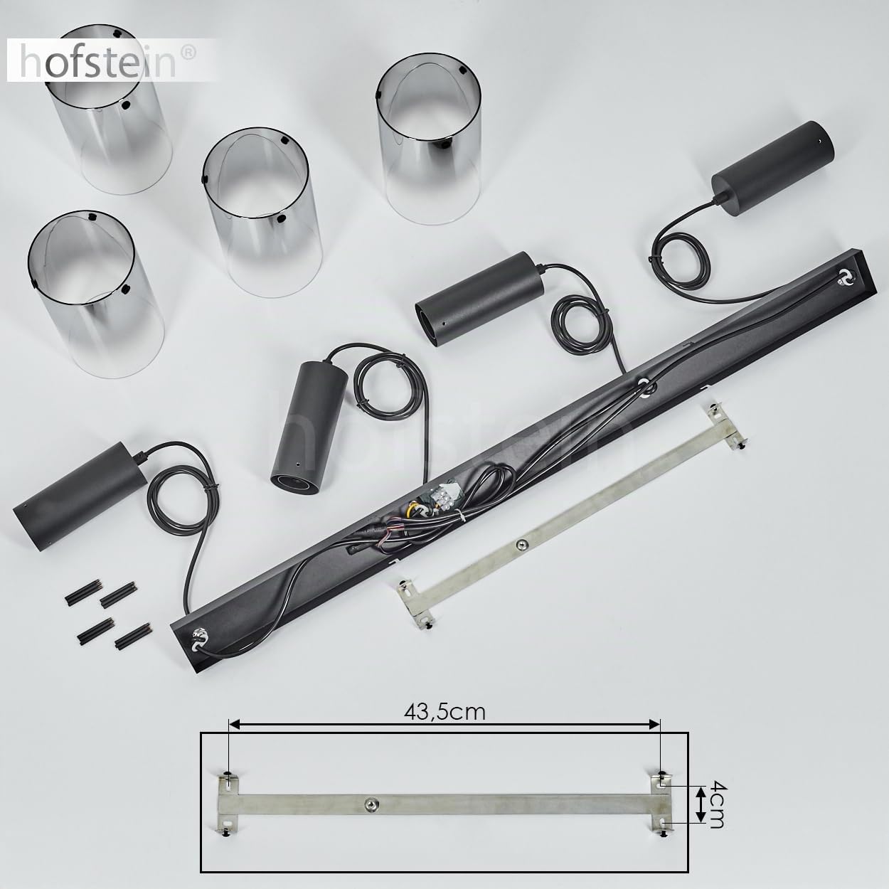 Pendelleuchte Sambour, Hängelampe aus Metall/Glas in Schwarz/Rauchfarben/Klar, Hängeleuchte im Retro/Vintage-Design mit Glasschirmen (Ø 12,5cm), 4-flammig, Höhe max. 140 cm, 4 x E27, ohne Leuchtmittel