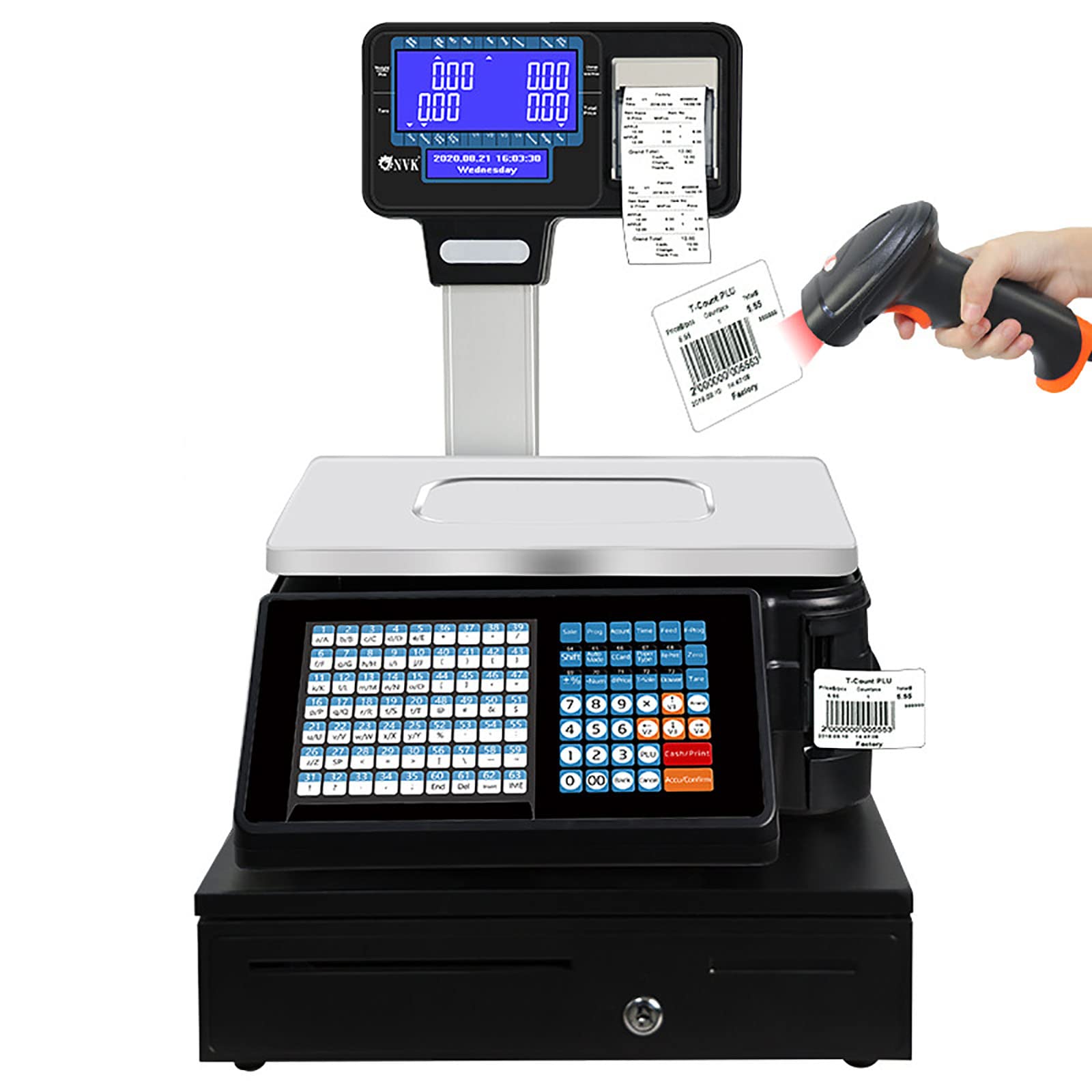 Báscula de Impresión de Etiquetas de Precio Con Pantalla de Doble Cara Comercial y Cajón de Efectivo - Cálculo de Precio Digital, Impresora Térmica, Código de Barras Electrónico