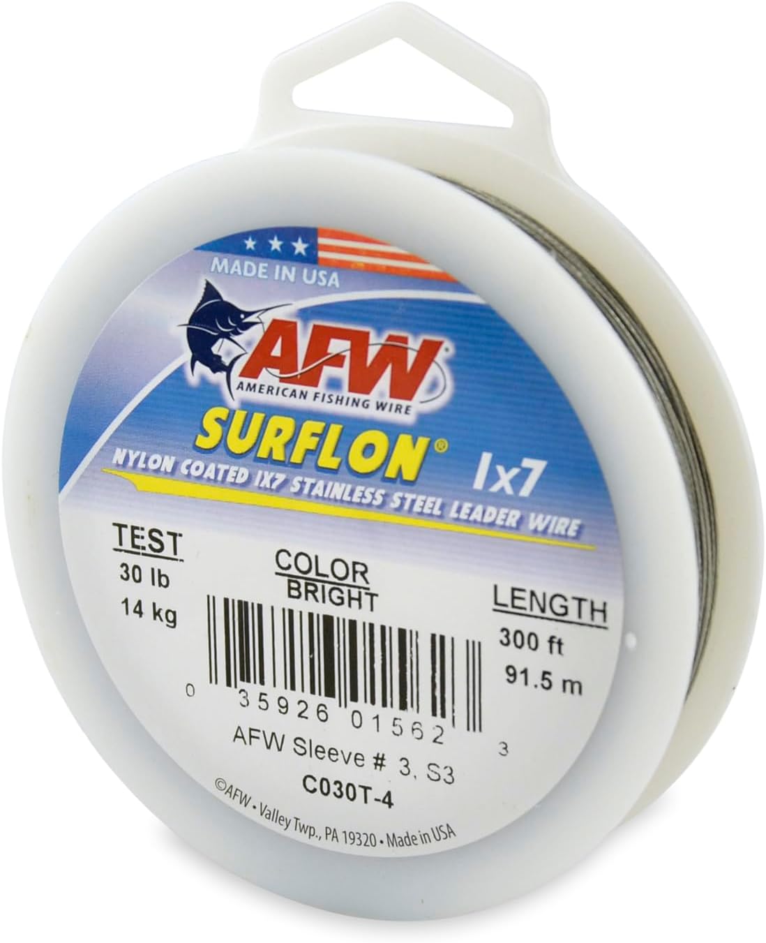 American Fishing Wire Surflon Nylon Coated 1x7 Stainless Steel Leader Wire - Fishing Leader Line for Saltwater, 10lb Test - 250lb Test in Bright, Black, Camo in 30ft, 100ft, 300ft and 1,000ft Lengths