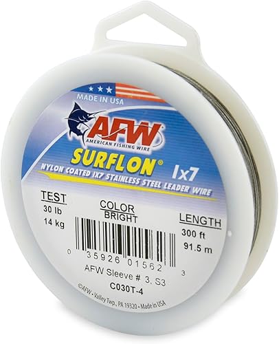 Miniatura 83 de Alambre de pesca americano Surflon recubierto de nailon de 1 x 7 pulgadas, línea líder de pesca para agua salada, prueba de 10 libras, prueba de 250
