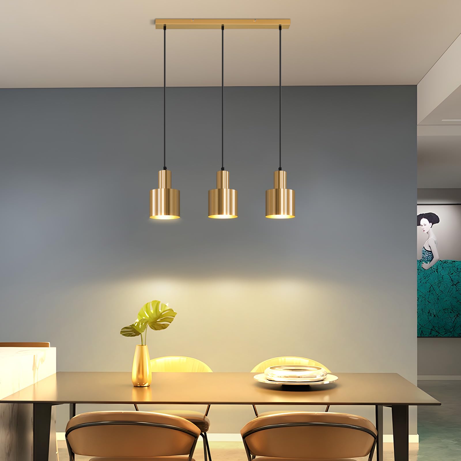 Lámpara Colgante Moderna Dorada de Metal, E27 de 3 Luces, para | Comedor, Salón e Isla de Cocina