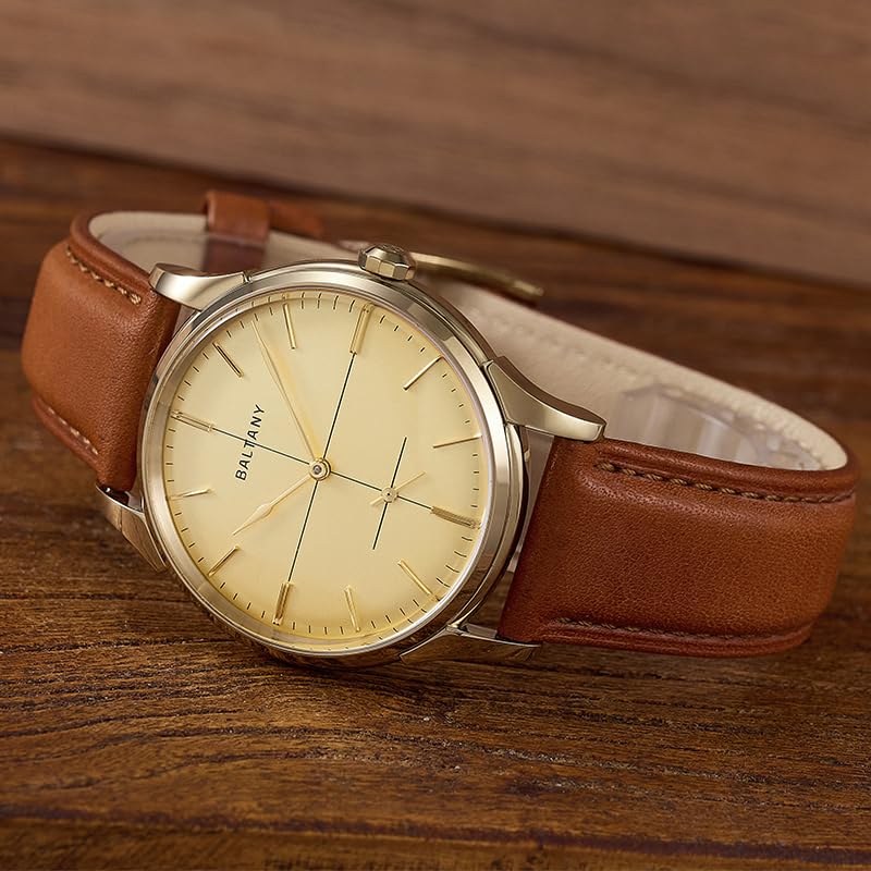 Baltany S4092 Mechanische Armbanduhr mit Fadenkreuzzifferblatt, 38,5 mm, Retro-Lederuhr für Herren, mit Samll-Sekundenzeigung