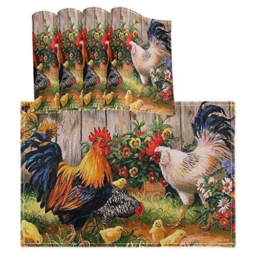 Vvfelixl G54009545P397C432S813 Placemats Joyful Spring Dining Table Placemats Set Of 4 Heat Resistant Kitchen Table Mats Washable Woven Linen-Like Polyester 18X12 Inch Rooster cover