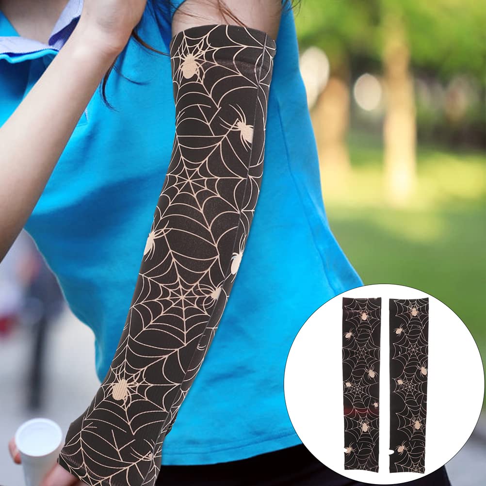Amosfun 1 Pair Halloween Gloves Arm Sleeve Spider Web Knitted Long Arm Cover Fingerless Sun Protection Sleeve Arm Warmers for Women Men