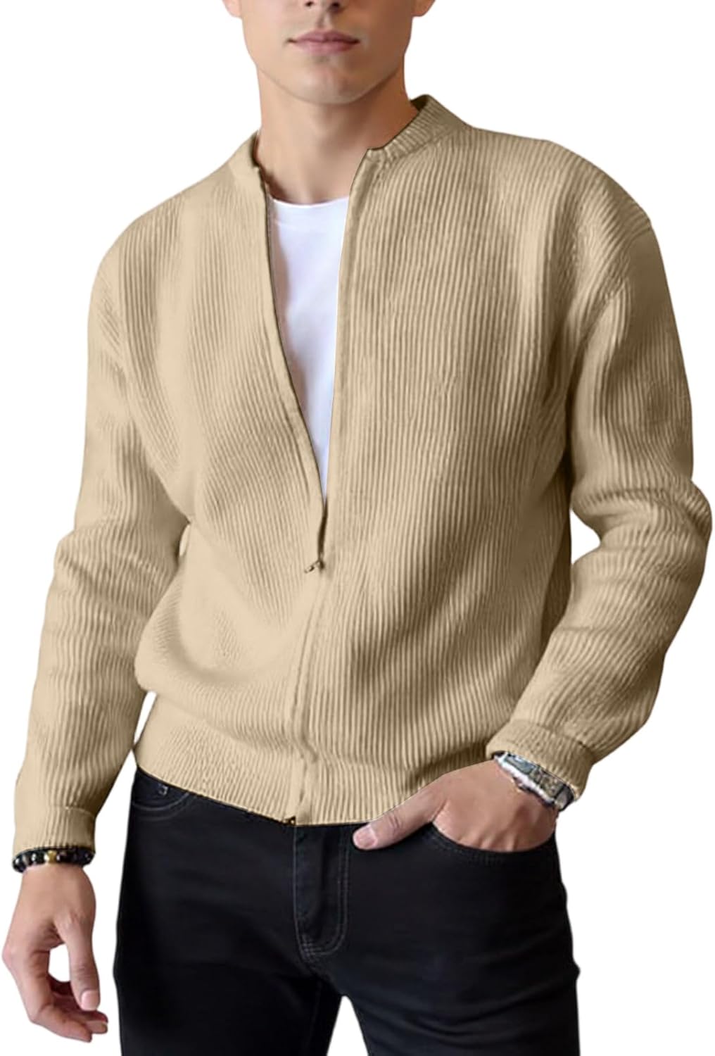Ymosrh Men's Cardigan Sweater, Long Sleeve Zip Up Fall Winter Ribbed Knit Casual Dress Sweater Jacket, M-3XL