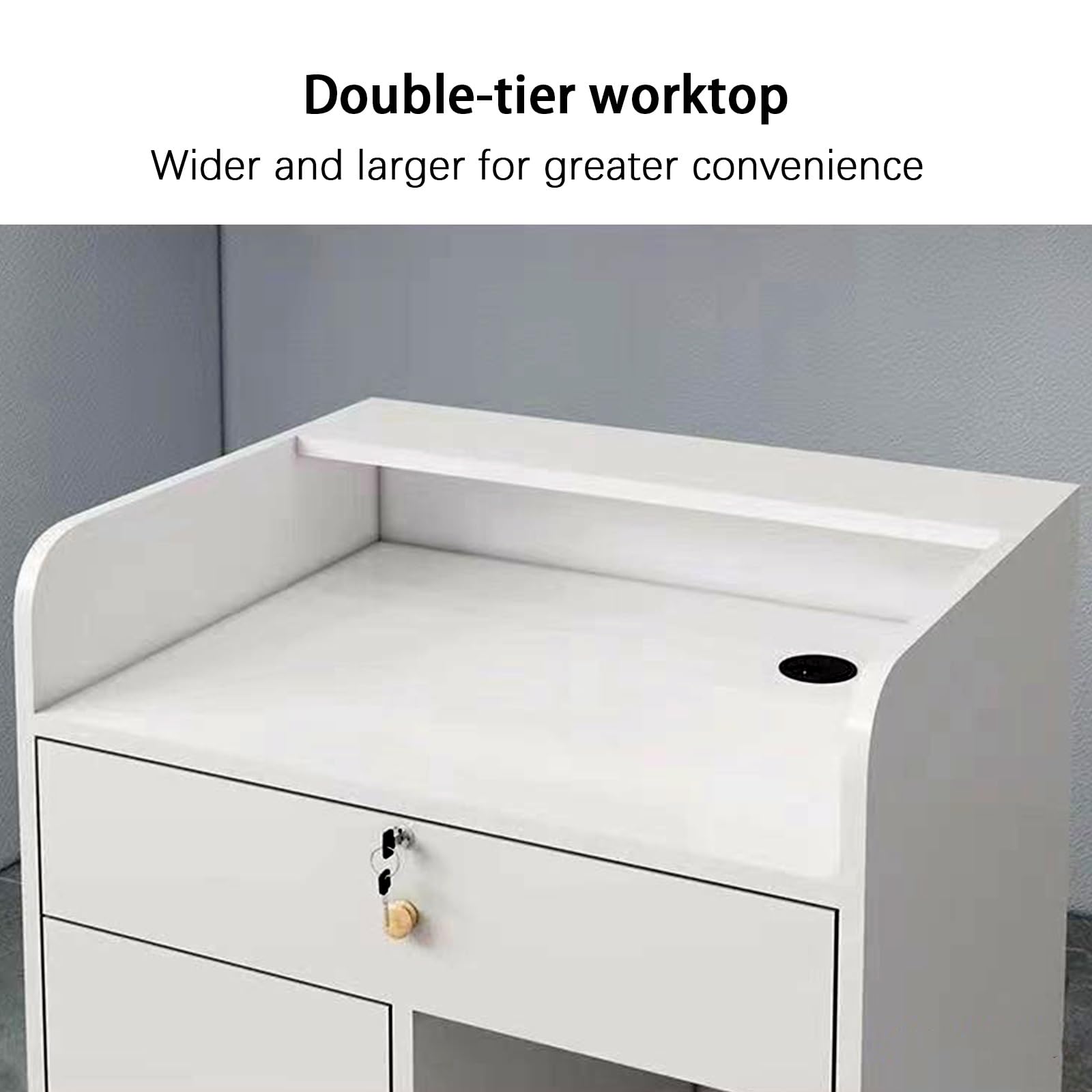 Piccolo banco reception, tavolo reception moderno, con cassetto chiudibile a chiave e armadio con anta, for salone, negozio, hotel, ufficio(White,60cm)