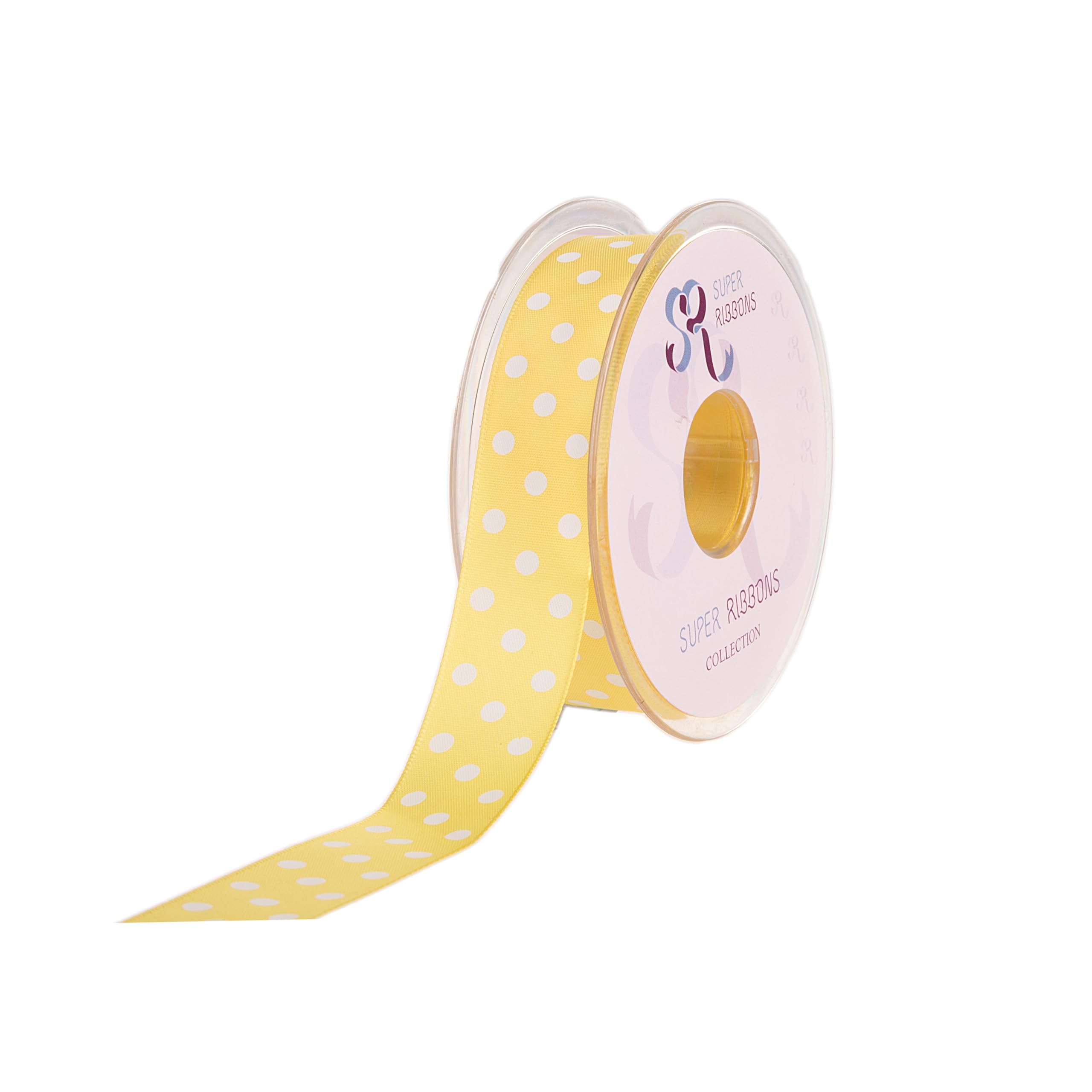SUPER RIBBONS®™ Full Reel 38mm Polka Dot/Spotty Satin Ribbon, 20 Metres on Reel- Yellow